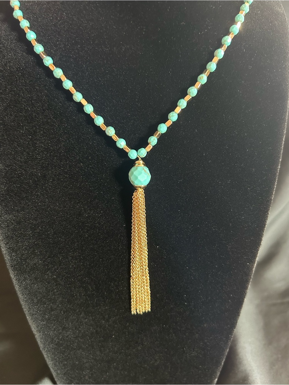 Vera Bradley Turquoise & Gold Tone Beaded Tassel Long Necklace Boho 32"